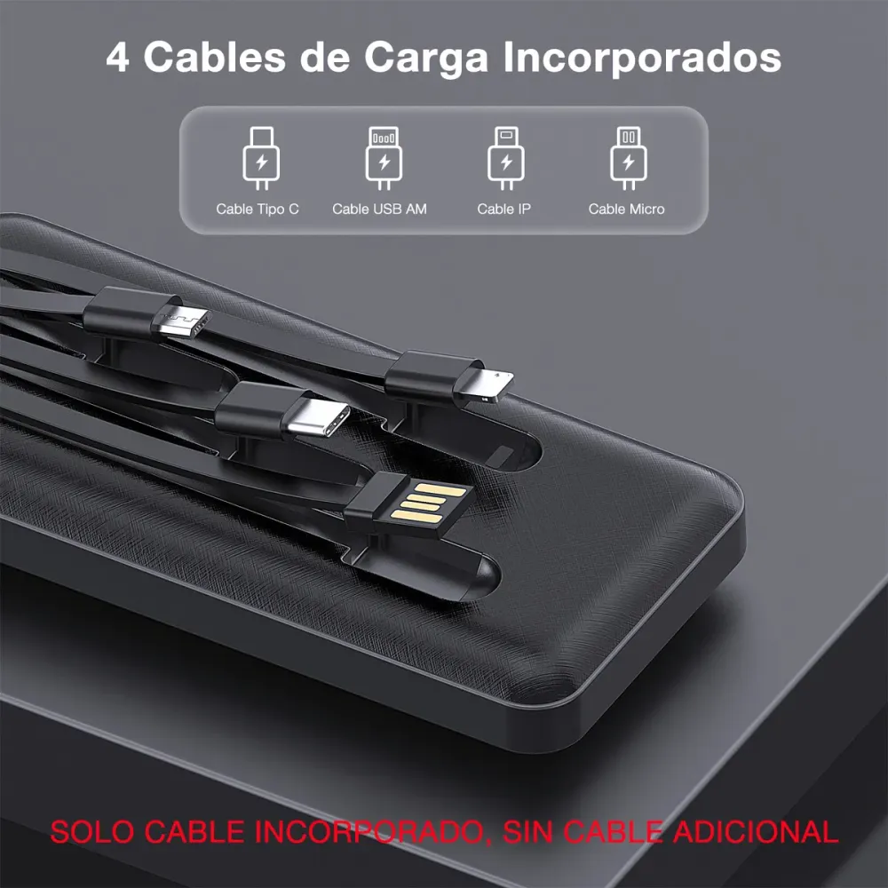 Power Bank Batería Portátil Carga Rápida 10000mah 1hora Negro Con 4 Cables Micro Usb / V8 Ip Tipo C