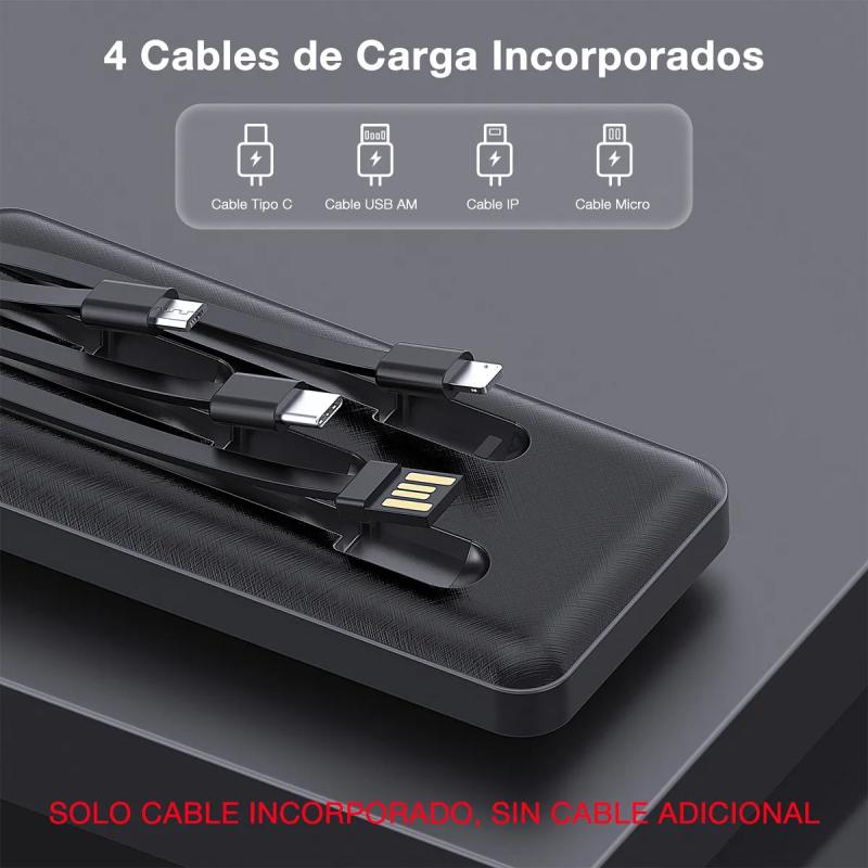 Power Bank Batería Portátil Carga Rápida 10000mah 1hora Negro Con 4 Cables Micro Usb / V8 Ip Tipo C
