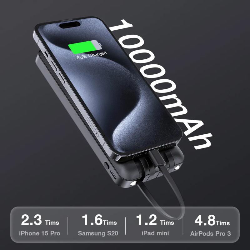 Power Bank Batería Portátil Carga Rápida 10000mah 1hora Negro Con 4 Cables Micro Usb / V8 Ip Tipo C