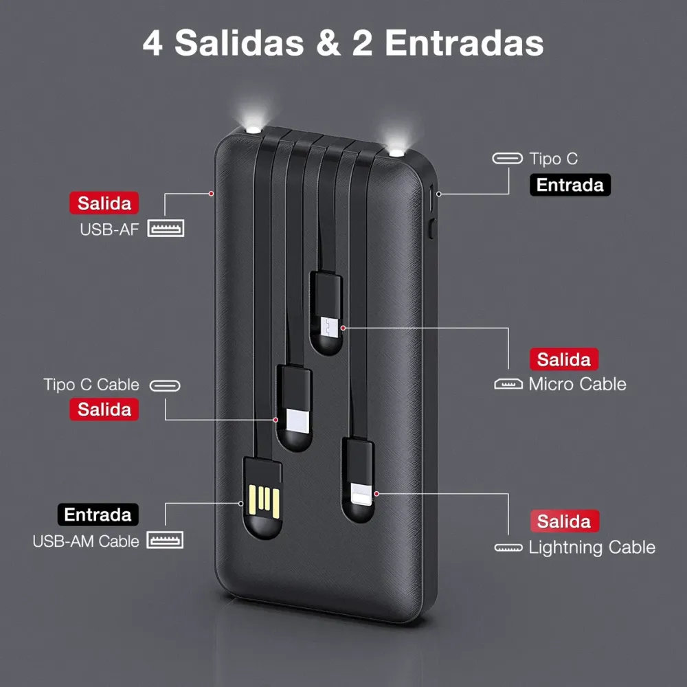 Power Bank Batería Portátil Carga Rápida 10000mah 1hora Negro Con 4 Cables Micro Usb / V8 Ip Tipo C