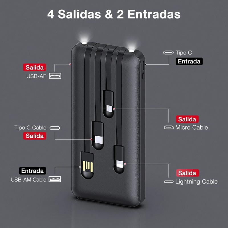 Power Bank Batería Portátil Carga Rápida 10000mah 1hora Negro Con 4 Cables Micro Usb / V8 Ip Tipo C