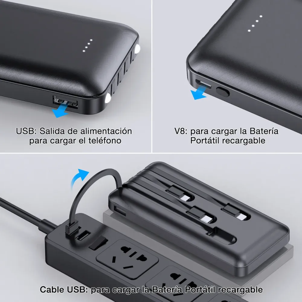Power Bank Batería Portátil Carga Rápida 10000mah 1hora Negro Con 4 Cables Micro Usb / V8 Ip Tipo C
