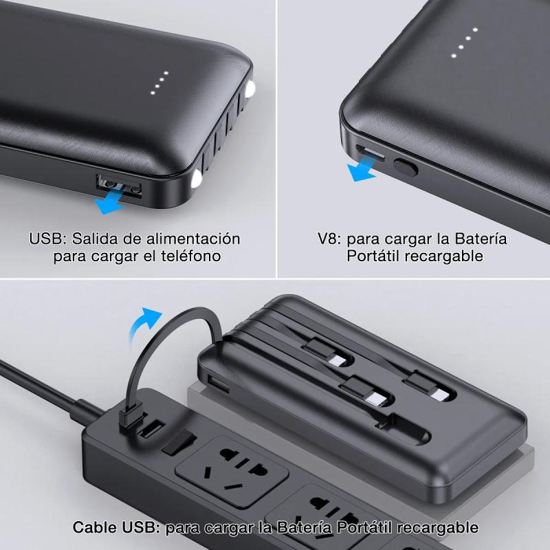 Power Bank Batería Portátil Carga Rápida 10000mah 1hora Negro Con 4 Cables Micro Usb / V8 Ip Tipo C