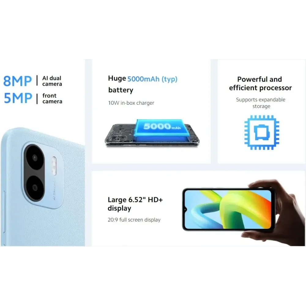 Xiaomi Redmi - Teléfono celular A1 desbloqueado de 4G Volte, 2 GB RAM + 32 GB ROM, visualización de 6.5 pulgadas, cámara de 8