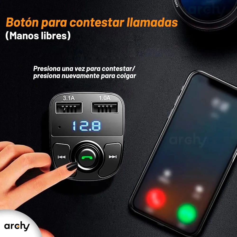 Archy Receptor Transmisor Bluetooth para Carro FM 3.1A Coche, Auto Manos Libres Radio Reproductor Música MP3 Entrada USB