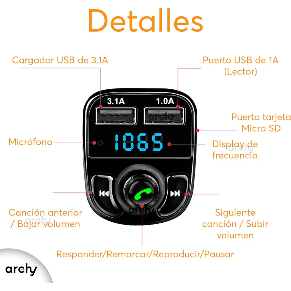 Archy Receptor Transmisor Bluetooth para Carro FM 3.1A Coche, Auto Manos Libres Radio Reproductor Música MP3 Entrada USB