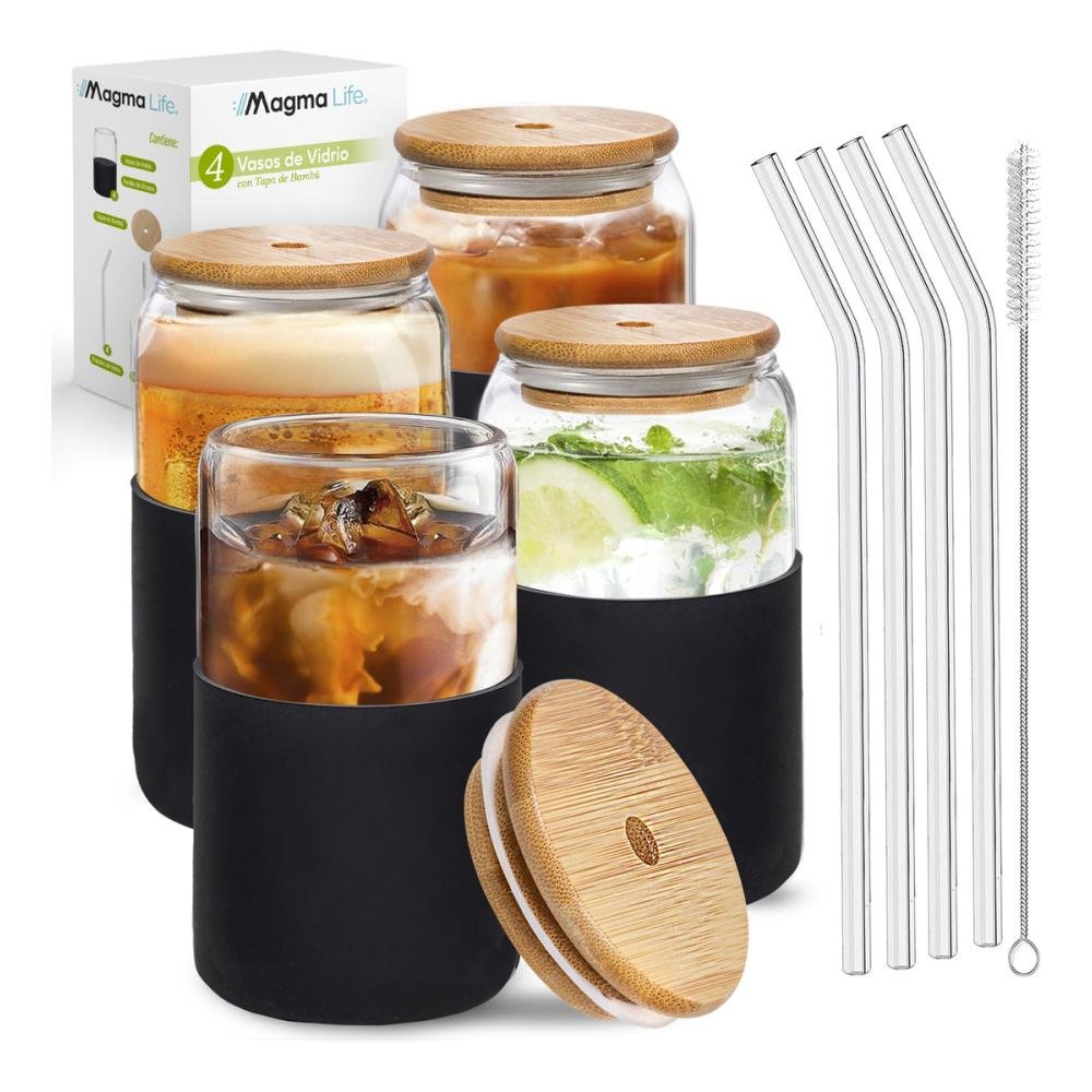 Set De 4 Vasos Vidrio Con Popote Tapa Bambú Y Funda Silicón