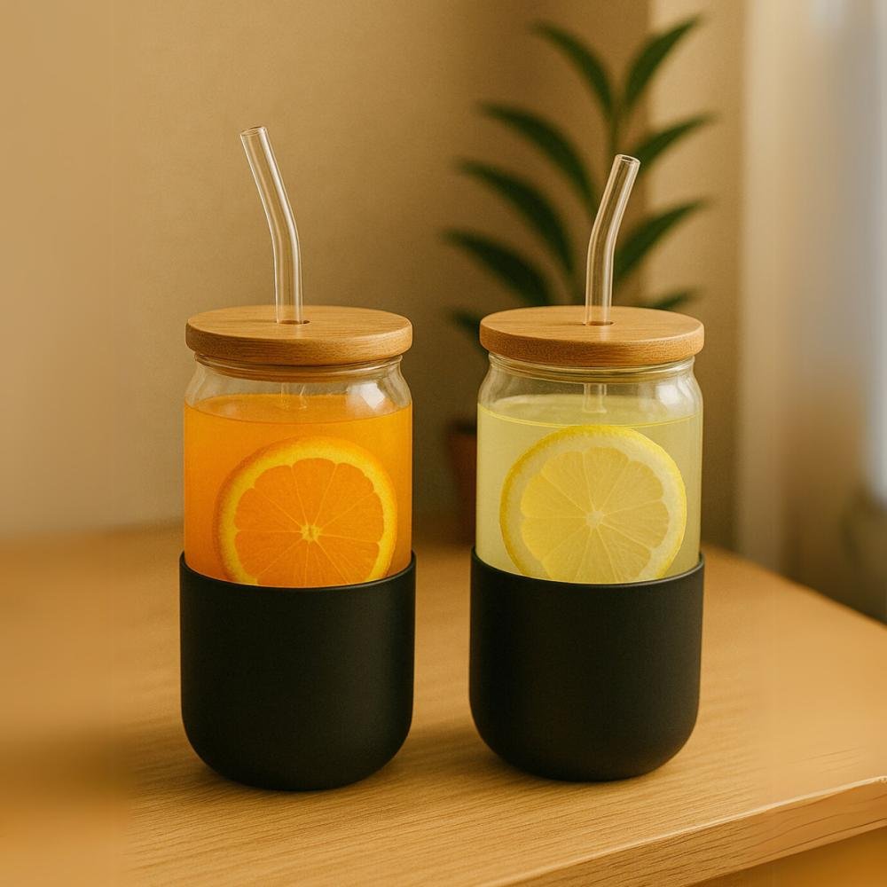 Set De 4 Vasos Vidrio Con Popote Tapa Bambú Y Funda Silicón