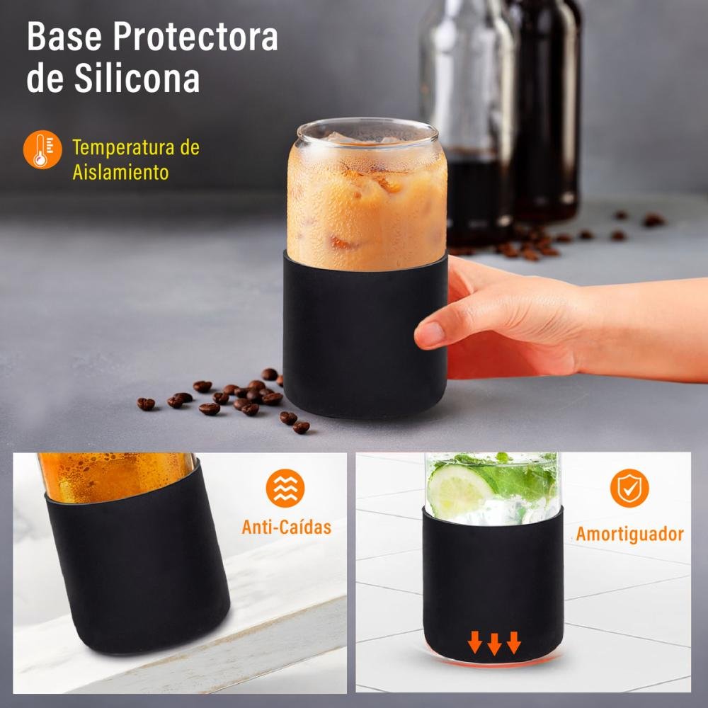 Set De 4 Vasos Vidrio Con Popote Tapa Bambú Y Funda Silicón