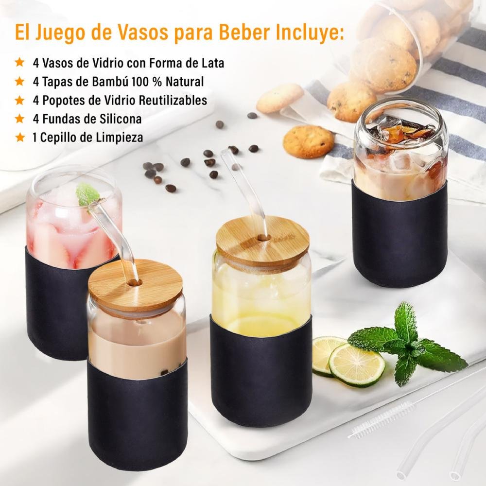 Set De 4 Vasos Vidrio Con Popote Tapa Bambú Y Funda Silicón