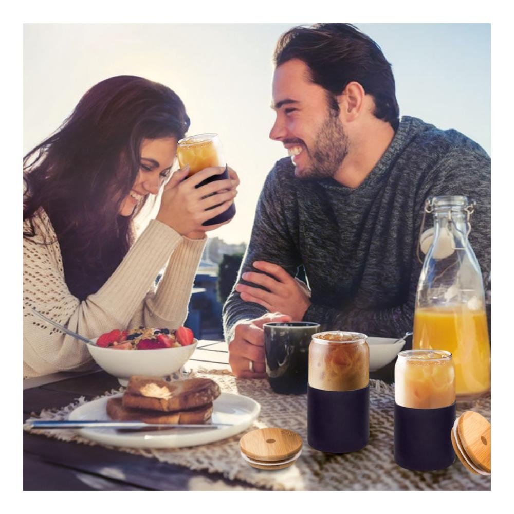 Set De 4 Vasos Vidrio Con Popote Tapa Bambú Y Funda Silicón