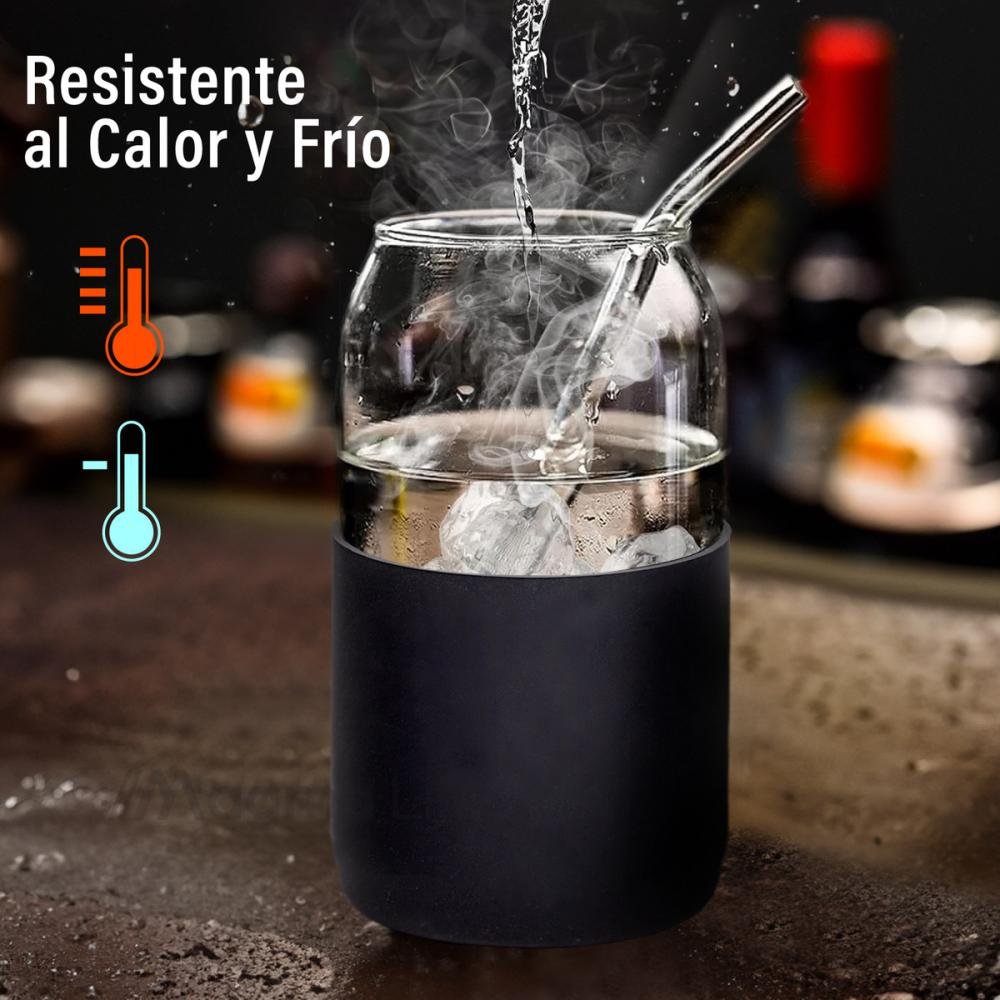 Set De 4 Vasos Vidrio Con Popote Tapa Bambú Y Funda Silicón