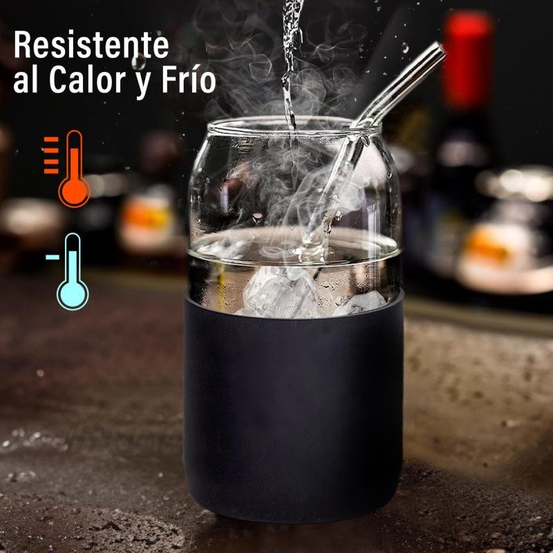 Set De 4 Vasos Vidrio Con Popote Tapa Bambú Y Funda Silicón