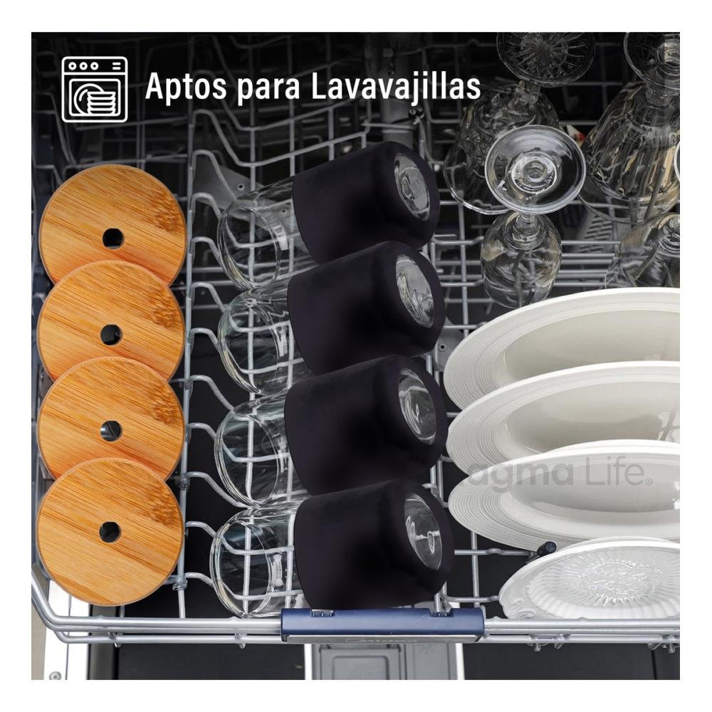 Set De 4 Vasos Vidrio Con Popote Tapa Bambú Y Funda Silicón