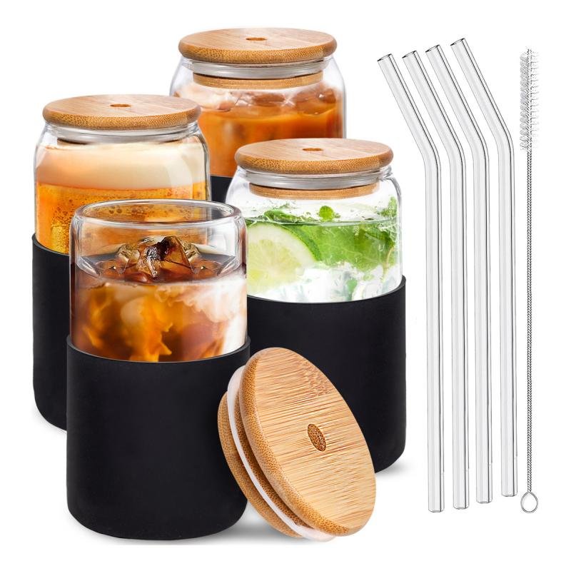 Set De 4 Vasos Vidrio Con Popote Tapa Bambú Y Funda Silicón