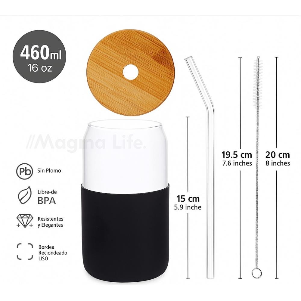Set De 4 Vasos Vidrio Con Popote Tapa Bambú Y Funda Silicón