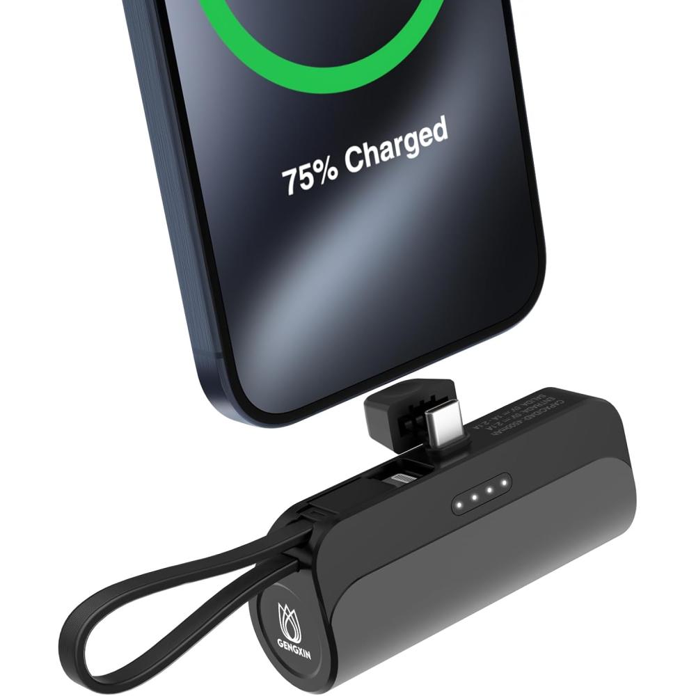 GENGXIN Mini Power Bank 4500mah, Batería Portátil Salida Tipo C y Soporte de Teléfono, Portátil para iPhone con Cable Integrado,