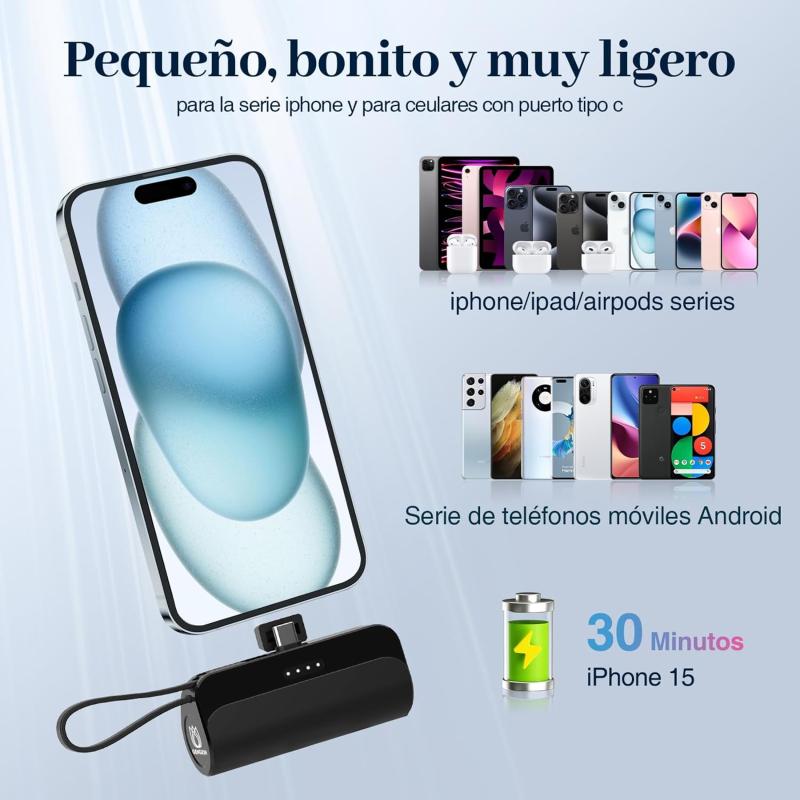 GENGXIN Mini Power Bank 4500mah, Batería Portátil Salida Tipo C y Soporte de Teléfono, Portátil para iPhone con Cable Integrado,