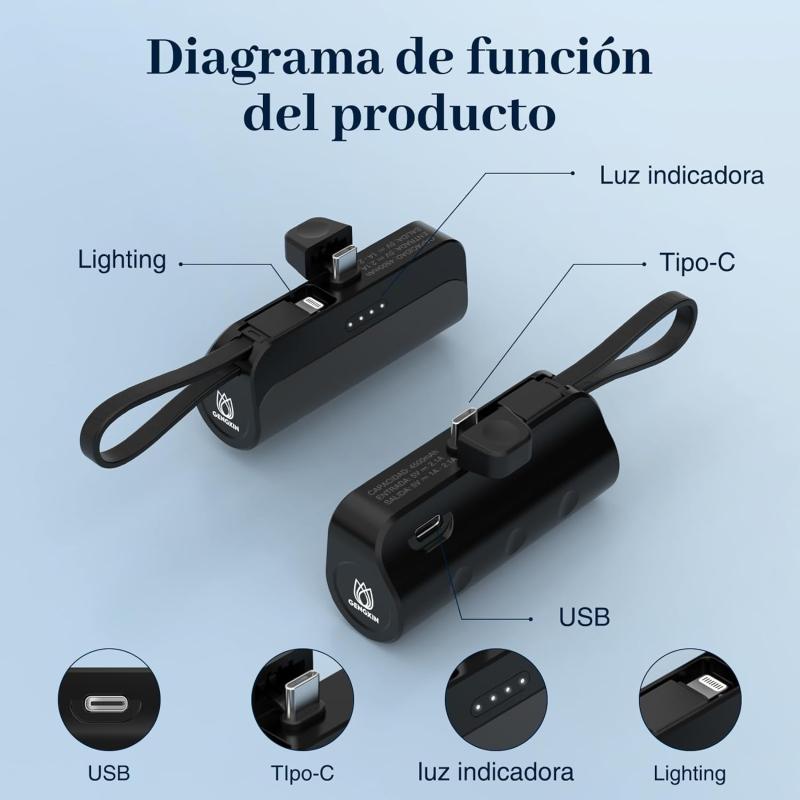 GENGXIN Mini Power Bank 4500mah, Batería Portátil Salida Tipo C y Soporte de Teléfono, Portátil para iPhone con Cable Integrado,