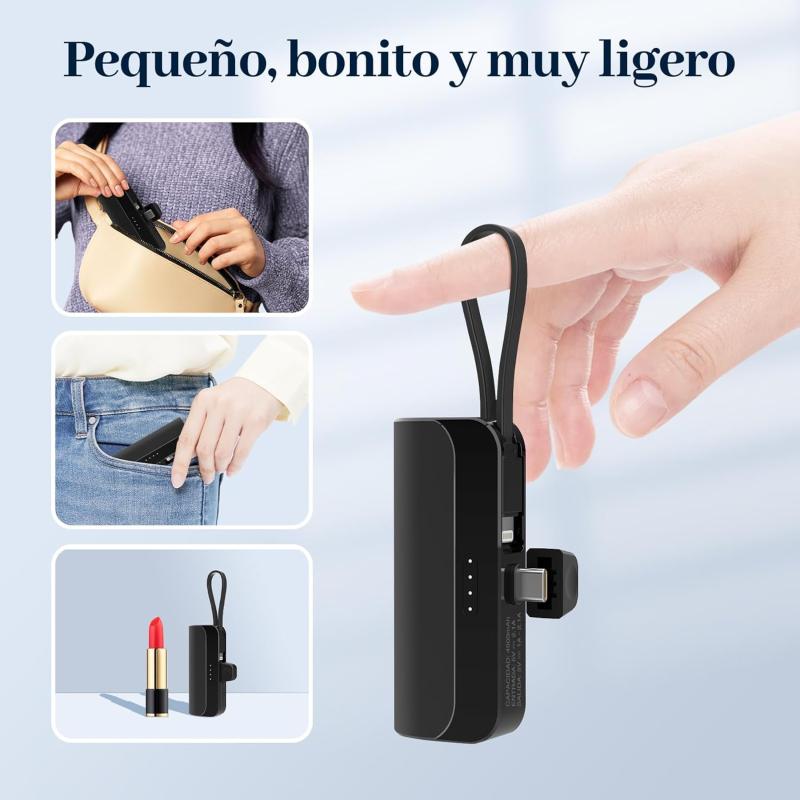 GENGXIN Mini Power Bank 4500mah, Batería Portátil Salida Tipo C y Soporte de Teléfono, Portátil para iPhone con Cable Integrado,