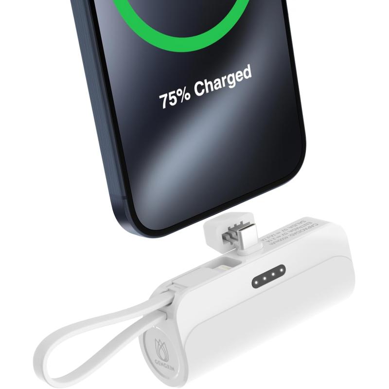 GENGXIN Mini Power Bank 4500mah, Batería Portátil Salida Tipo C y Soporte de Teléfono, Portátil para iPhone con Cable Integrado,