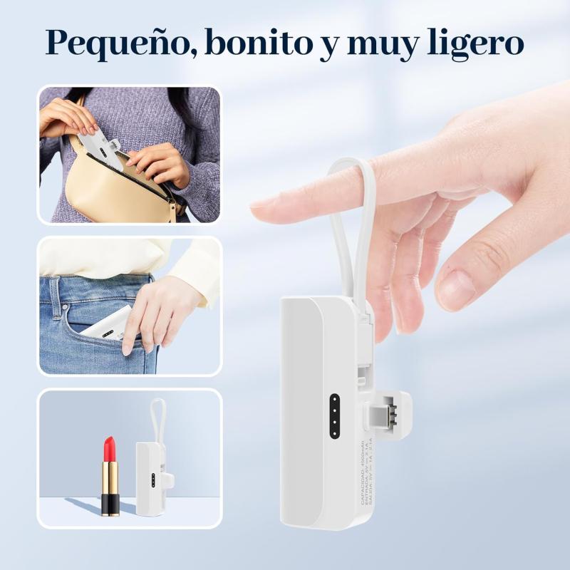 GENGXIN Mini Power Bank 4500mah, Batería Portátil Salida Tipo C y Soporte de Teléfono, Portátil para iPhone con Cable Integrado,
