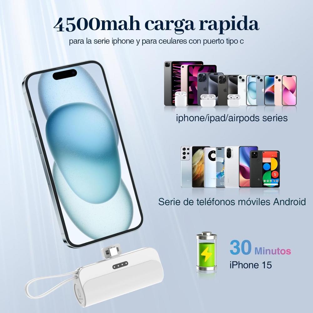 GENGXIN Mini Power Bank 4500mah, Batería Portátil Salida Tipo C y Soporte de Teléfono, Portátil para iPhone con Cable Integrado,