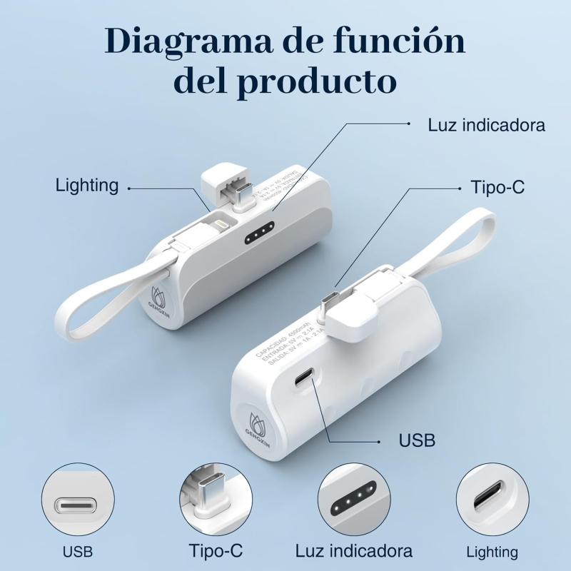 GENGXIN Mini Power Bank 4500mah, Batería Portátil Salida Tipo C y Soporte de Teléfono, Portátil para iPhone con Cable Integrado,