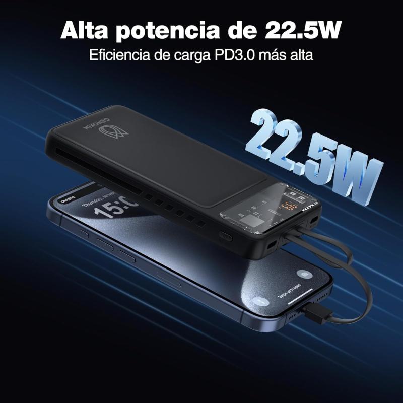 GENGXIN Power Bank 20000 mAh, Batería Portátil 22.5W con Pantalla LED Cargador Portátil, Powerbank Compatible con Teléfonos