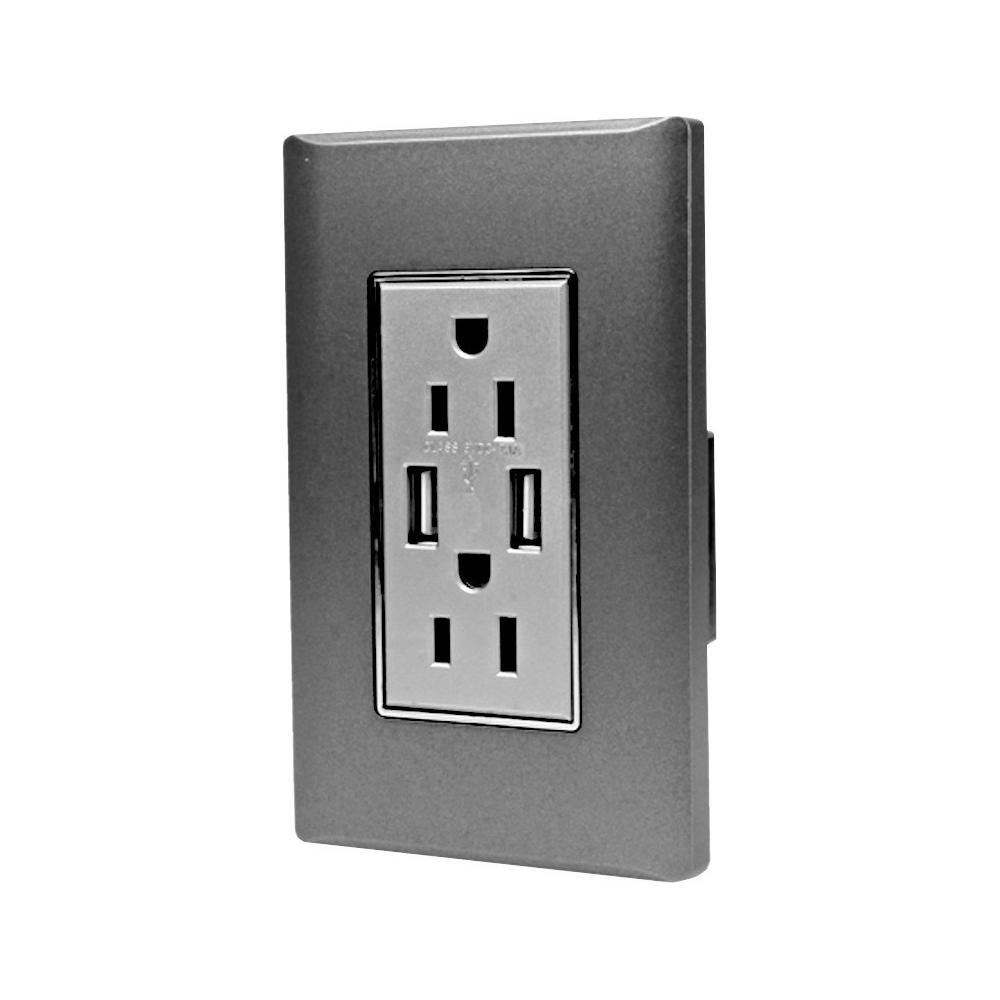 Receptáculo Hy-j310 Contacto Placa Usb Megaluz Con 2 Color Gris