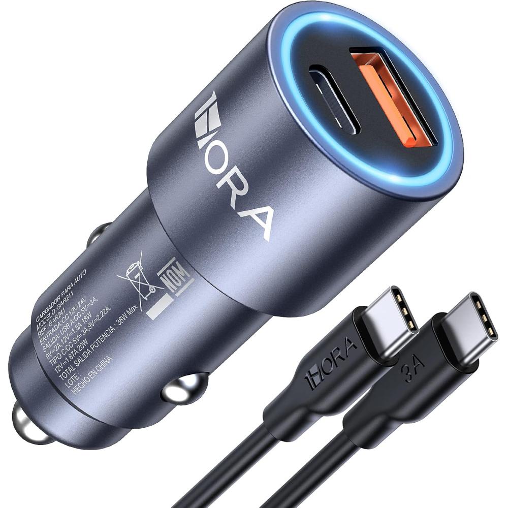 1 Hora Cargador Auto Carga Rapida 38W, Cargador Carro Tipo C PD 20W y QC 3.0 18W con Cable USB C a USB C 3A Compatible con IP