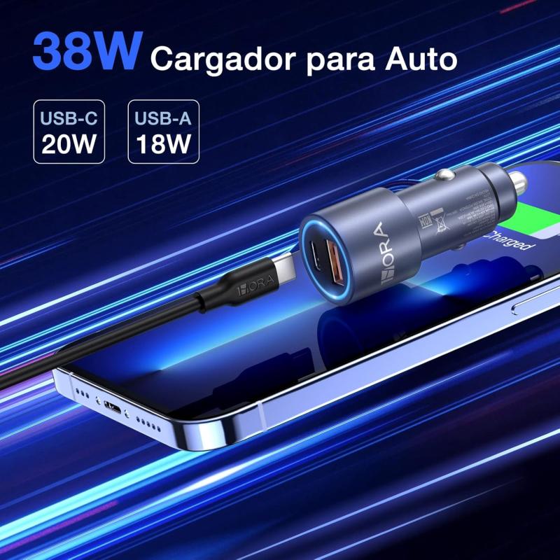 1 Hora Cargador Auto Carga Rapida 38W, Cargador Carro Tipo C PD 20W y QC 3.0 18W con Cable USB C a USB C 3A Compatible con IP