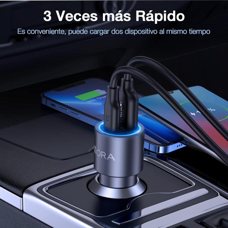 1 Hora Cargador Auto Carga Rapida 38W, Cargador Carro Tipo C PD 20W y QC 3.0 18W con Cable USB C a USB C 3A Compatible con IP