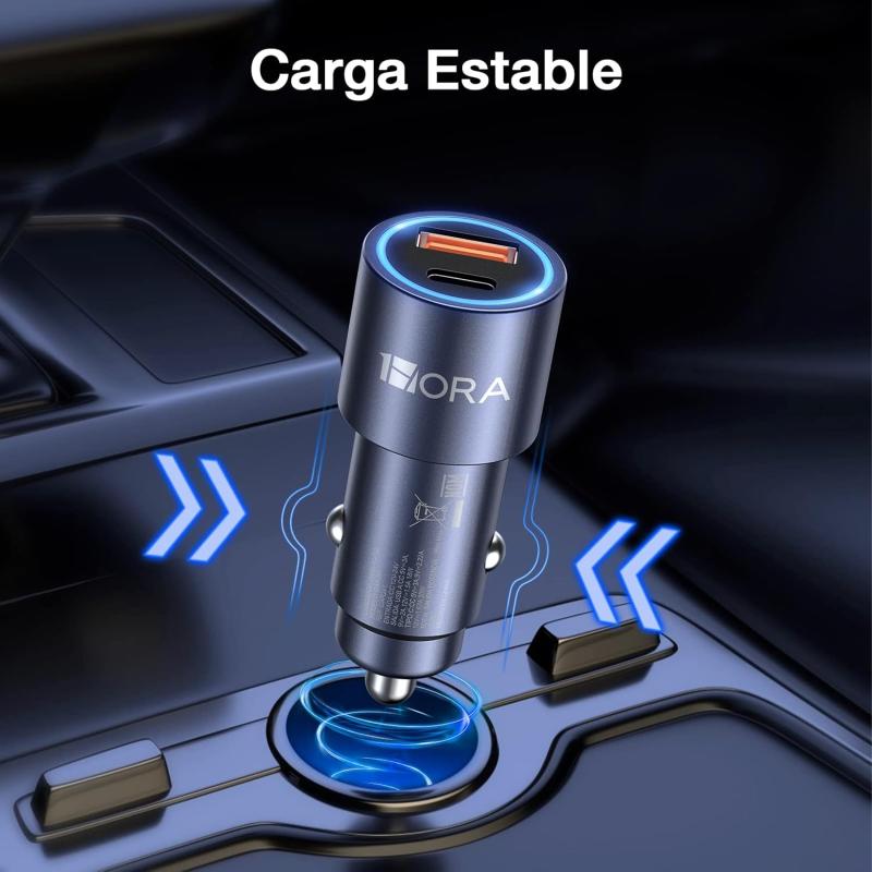 1 Hora Cargador Auto Carga Rapida 38W, Cargador Carro Tipo C PD 20W y QC 3.0 18W con Cable USB C a USB C 3A Compatible con IP