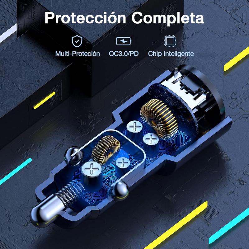 1 Hora Cargador Auto Carga Rapida 38W, Cargador Carro Tipo C PD 20W y QC 3.0 18W con Cable USB C a USB C 3A Compatible con IP