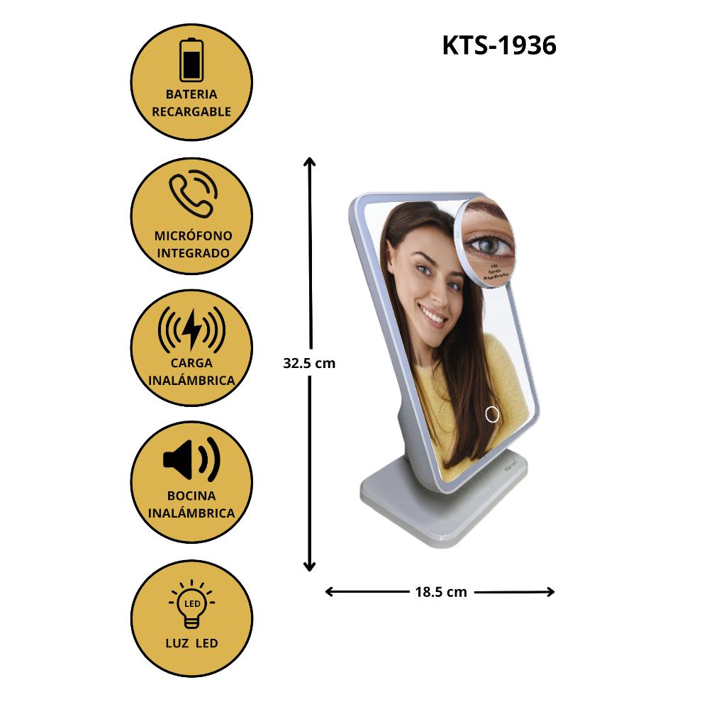 Pack 2 Espejo Inteligente Kts-1936 Con Luz Led Bocina Bluetooth Micrófono Soporte Y Carga Inalámbrica Para Celular