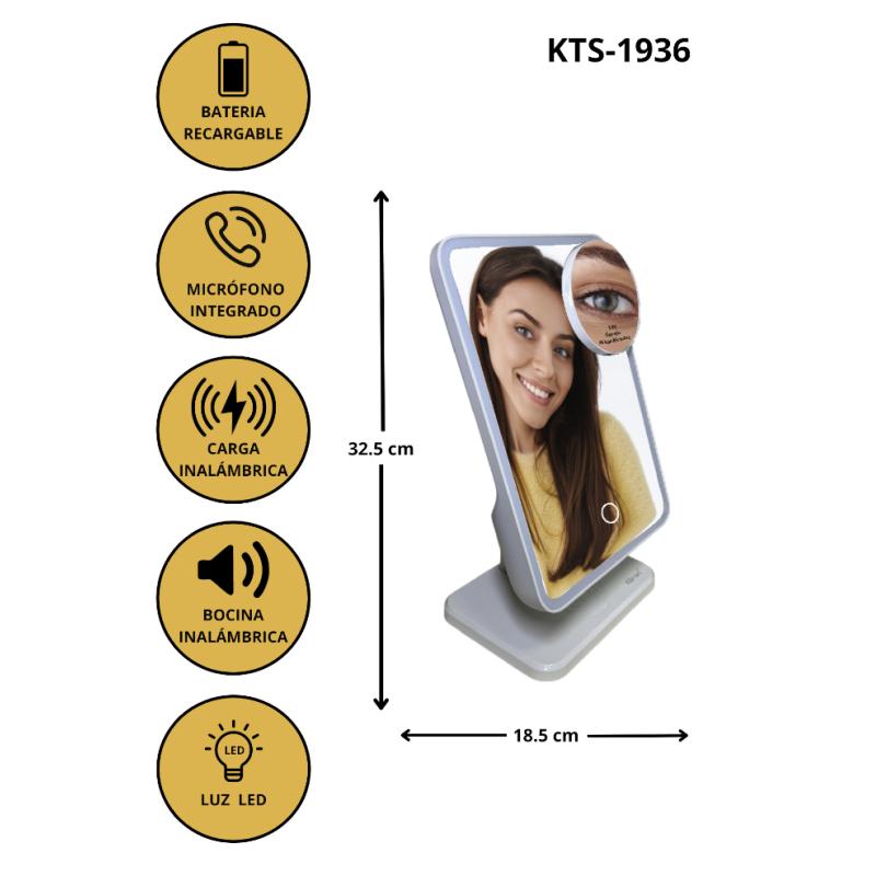 Pack 2 Espejo Inteligente Kts-1936 Con Luz Led Bocina Bluetooth Micrófono Soporte Y Carga Inalámbrica Para Celular