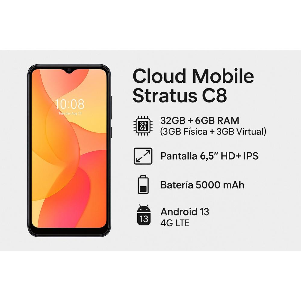 Smartphone Cloud Stratus C8 32gb 6gb Ram (3+3) Dual Sim Libre 4g Android 13 Pantalla 6.5 5000mah Negro