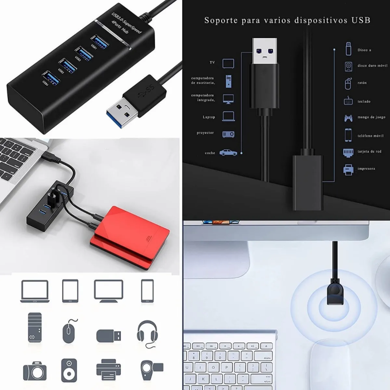 Hub Usb 3.0 4 Puertos Expansor Multi Para Laptop Pc 4 En 1