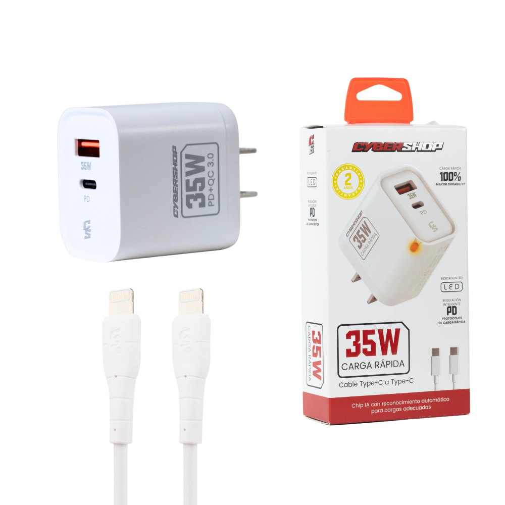 COMBO CARGADOR & CABLE 35W IPH BLANCO CYBERSHOP