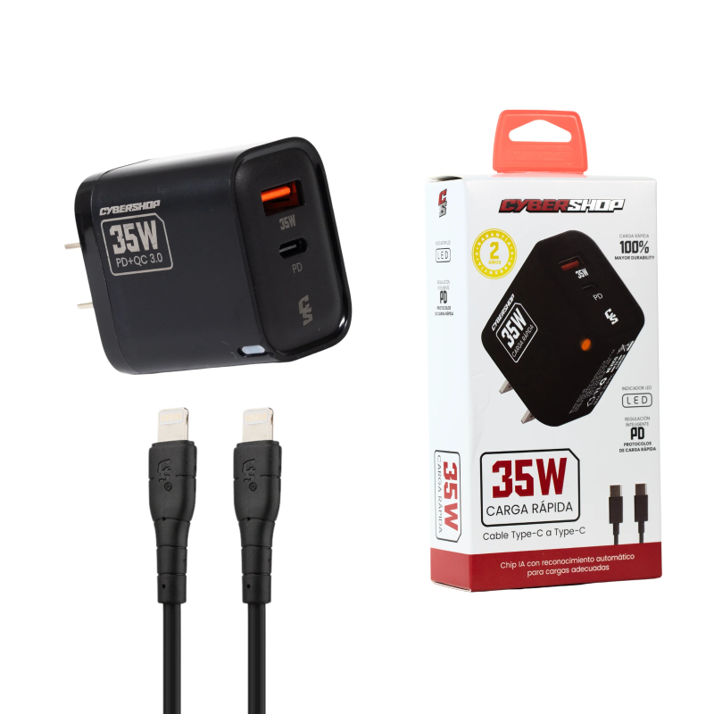 COMBO CARGADOR & CABLE 35W IPH NEGRO CYBERSHOP