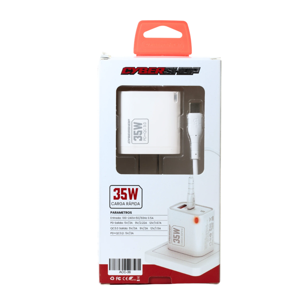 COMBO CARGADOR & CABLE 35W TYPE-C BLANCO CYBERSHOP