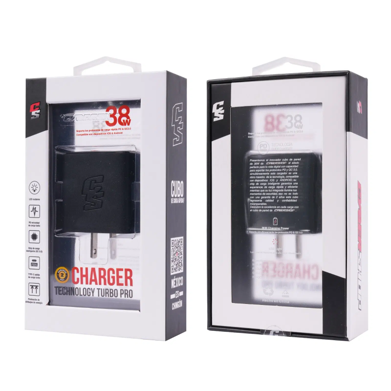 CARGADOR TURBO PRO 38W PD+QC 1 TYPE-C 1 USB-A CYBERSHOP