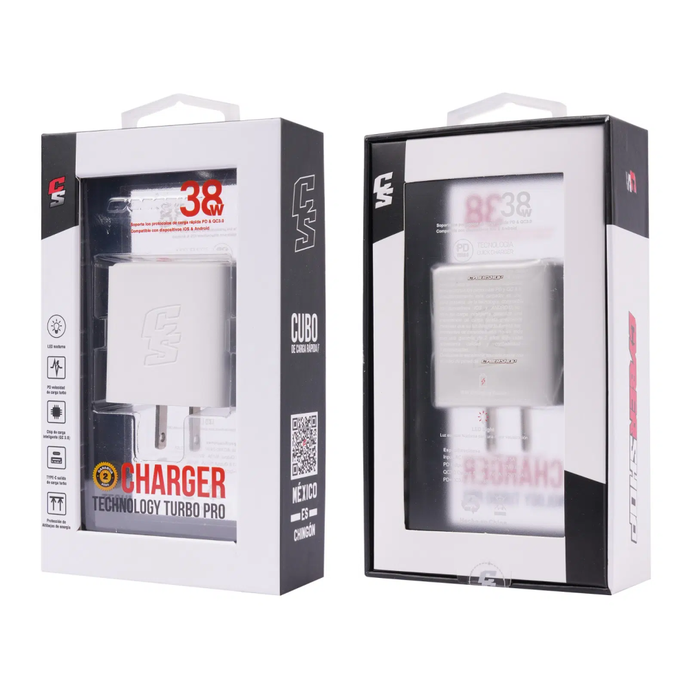 CARGADOR TURBO PRO 38W PD+QC 1 TYPE-C 1 USB-A CYBERSHOP
