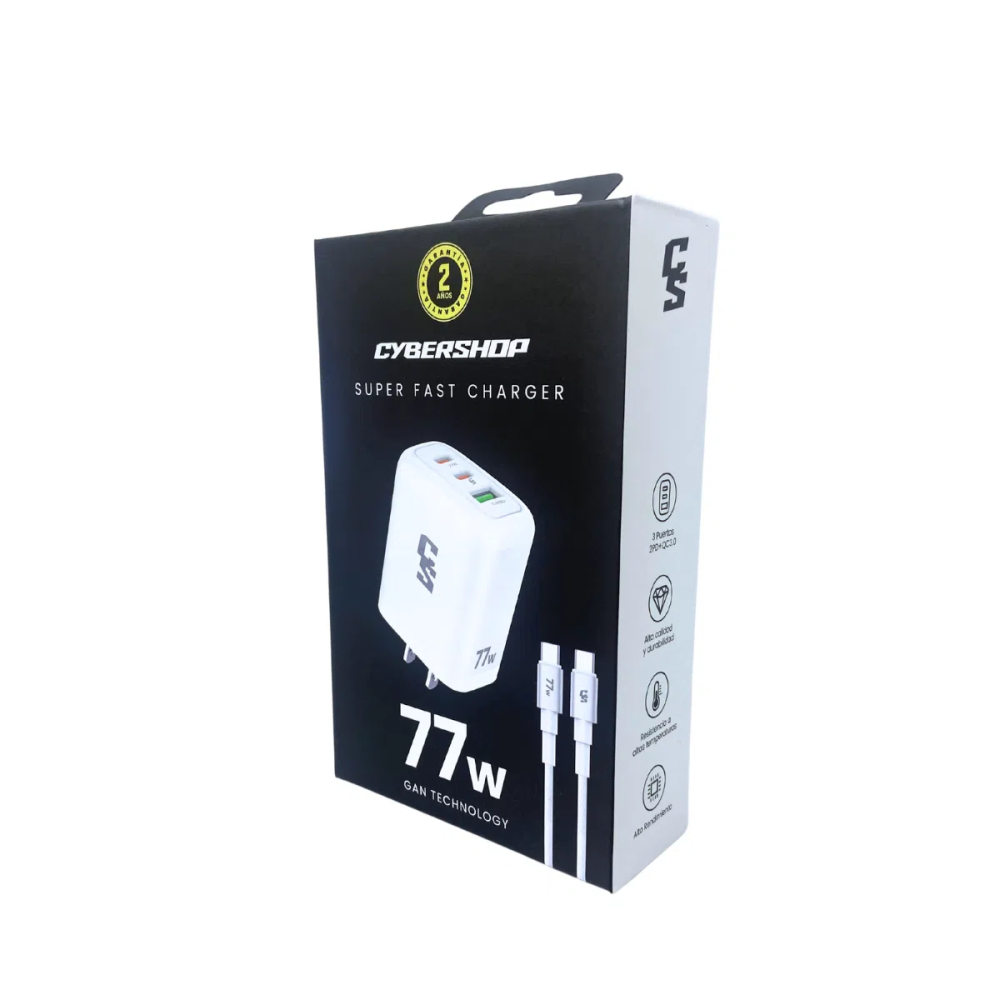 CARGADOR RAPIDO 77W GAN PRO + CABLE: 2 TIPO-C + 1 USB