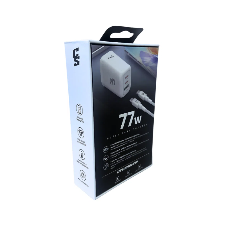 CARGADOR RAPIDO 77W GAN PRO + CABLE: 2 TIPO-C + 1 USB