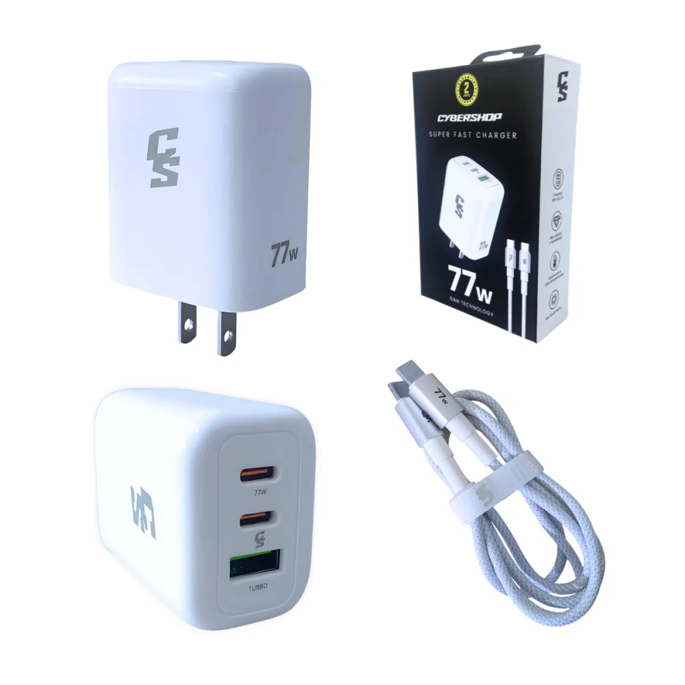 CARGADOR RAPIDO 77W GAN PRO + CABLE: 2 TIPO-C + 1 USB