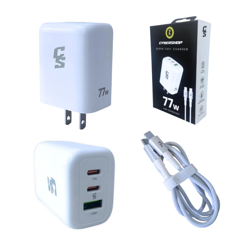 CARGADOR RAPIDO 77W GAN PRO + CABLE: 2 TIPO-C + 1 USB