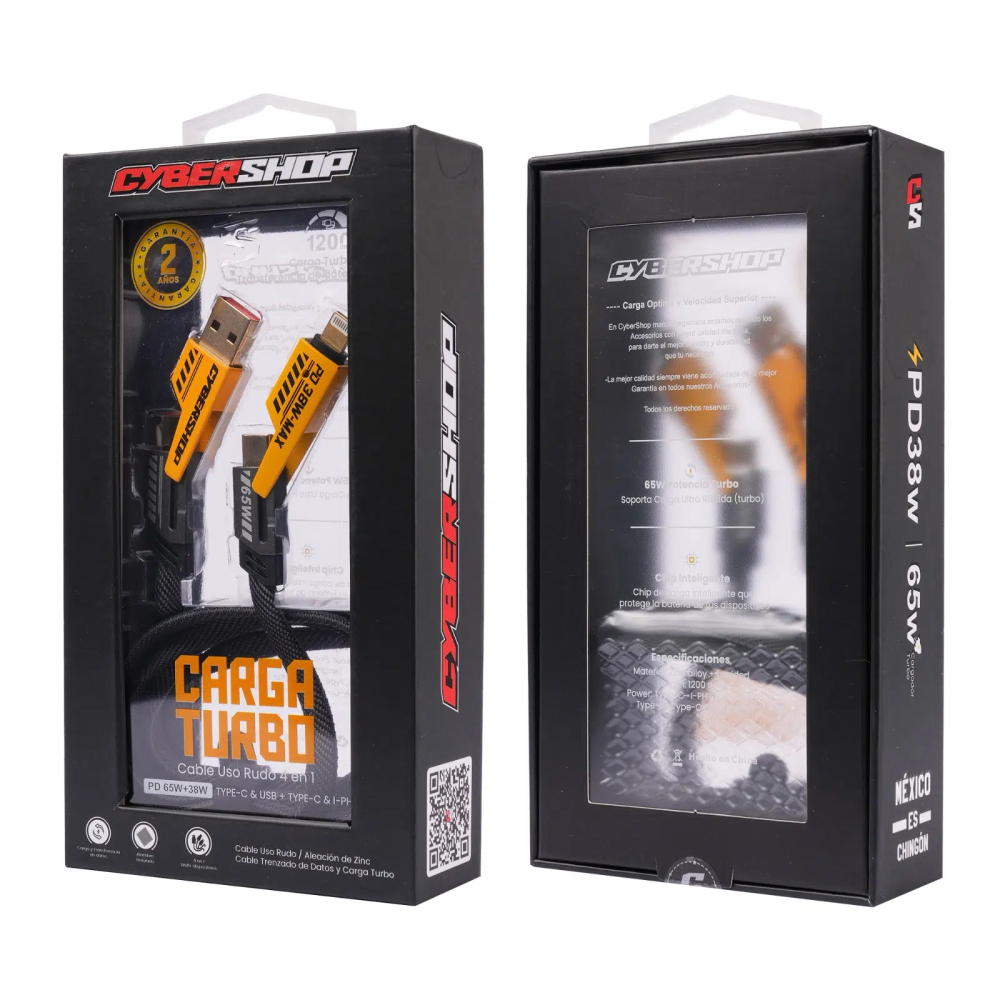 CABLE CARGA TURBO 4EN1 PD 65W+38W CYBERSHOP 1.2M