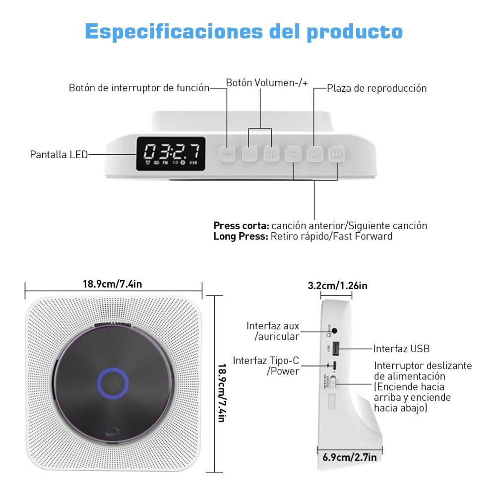 Reproductor De Cd Portátil Bluetooth Con Altavoces Música